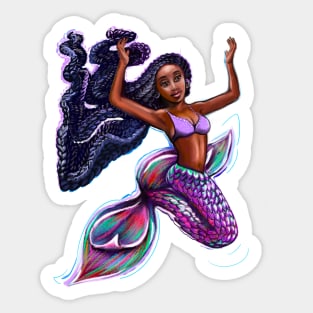 mermaid with flowing braids 4, brown eyes curly Afro hair and caramel brown skin. Black mermaid Sticker